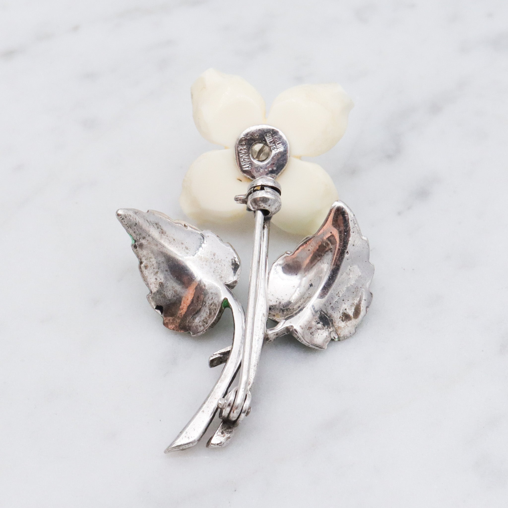 Antique German Art Deco sterling silver dogwood brooch with enamel & marcasite